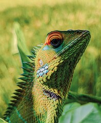 close up of a green iguana