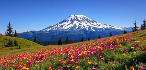 Wildflower meadow, snow-capped Mt Hood looming, Timberline Trail ,  wilderness,  panoramic