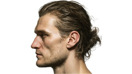 Obraz premium Profile portrait of a man with blond hair in a bun and stubble, cut out transparent
