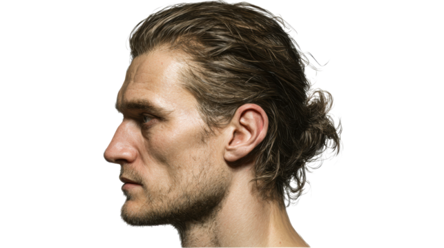 Profile portrait of a man with blond hair in a bun and stubble, cut out transparent