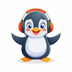 Obraz premium A cheerful animated penguin enjoying music through modern headphones, radiating happiness and a playful spirit with an expressive, delightful cartoon style.