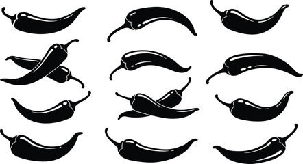 Chili pepper vector silhouette set, spicy hot pepper clipart, cayenne jalapeño illustrations, food ingredient black shape collection, kitchen graphic icons
