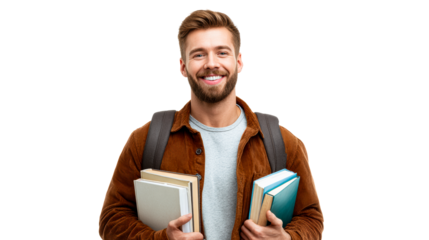 Smiling young man carrying books and backpack ready for school, cut out transparent