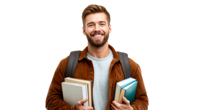 Smiling young man carrying books and backpack ready for school, cut out transparent - Powered by Adobe