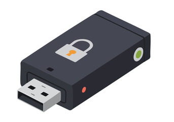 A sleek, dark secure wallet USB drive with a padlock icon. Modern, minimalist design. Ideal for digital security concepts and technology illustrations.
