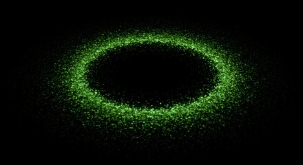 Green particle wave ellipse formation dispersing on black background, abstract digital energy flow visualization for technology and motion design projects