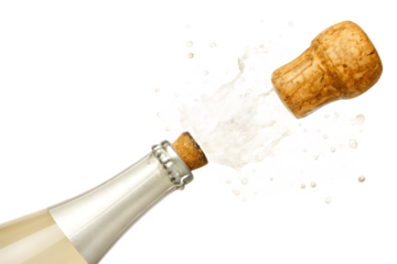 Champagne cork exploding from bottle isolated on a transparent background