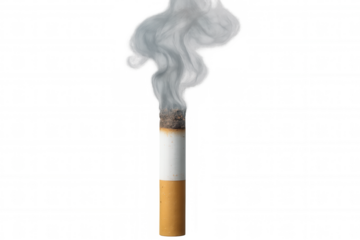 Smoking cigarette releasing thick smoke against transparent backdrop, symbolizing addiction and health risks