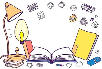 Hand-drawn book, lamp, and education symbols; doodle style vector illustration for bookstore, reading club, or library promotions, literature, open book