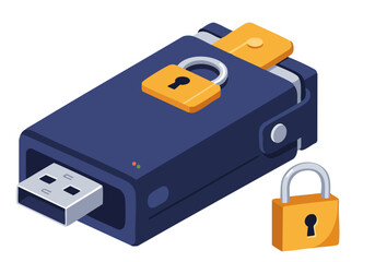 A stylized illustration of a wallet lock with a USB drive, secured with a padlock. Modern, graphic design, secure data, digital protection. Suitable for tech, finance, and security themes.