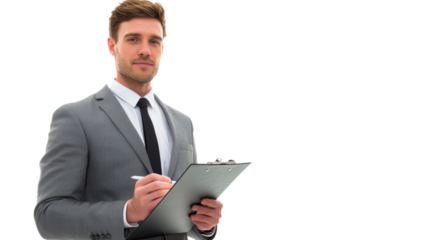 Male professional in suit holding clipboard and writing with pen, cut out transparent