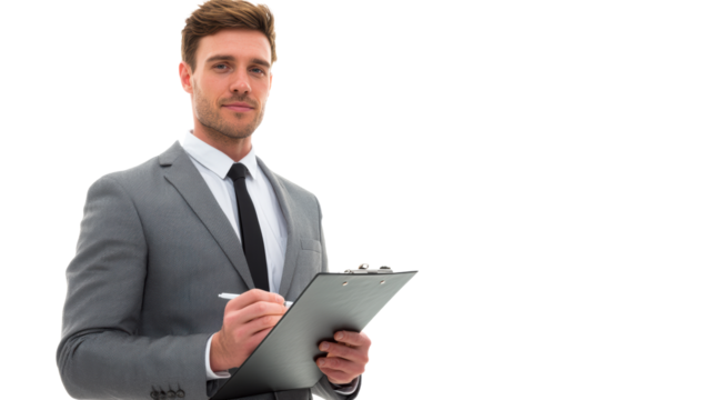 Male professional in suit holding clipboard and writing with pen, cut out transparent