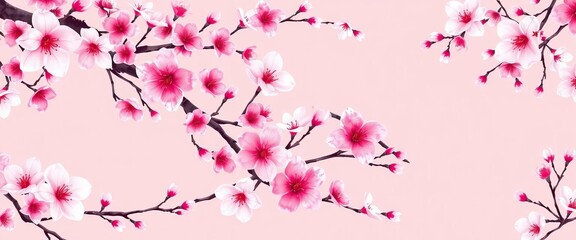 Naklejka premium Elegant pink monochromatic watercolor sakura blossom & bird border Seamless repeat pattern ideal for children's, textile & wrapping paper designs, branch, kids