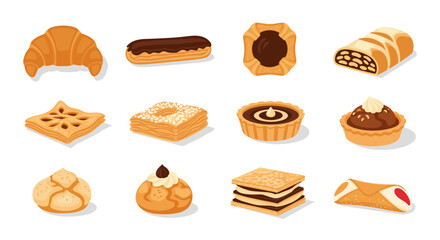 Illustration of assorted pastries including croissant, eclair, tart, baklava and other sweet treats