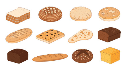 Isometric view of twelve different types of bread including loafs rolls and flatbreads on a white background