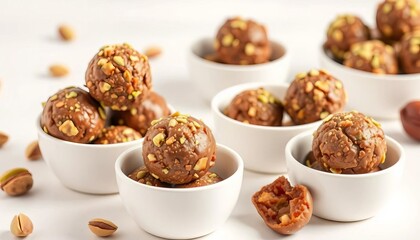 Pistachio date energy balls in white cups on a light surface,  treat,  healthy