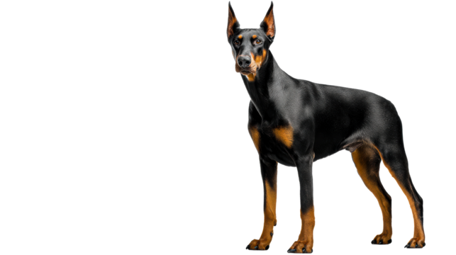 Majestic Doberman Pinscher standing alert on a white background, cut out transparent