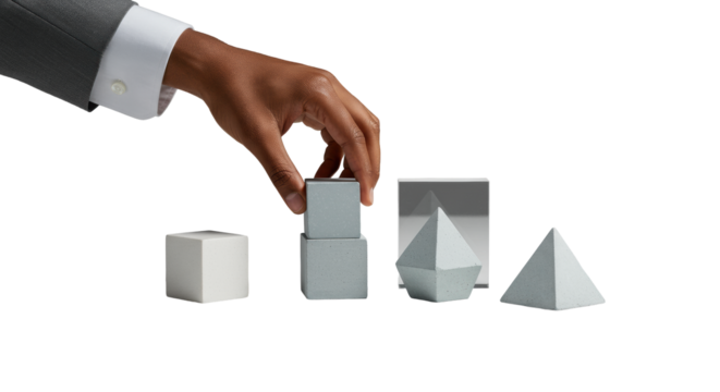 An ambiguous hand precisely adjusting a cool-toned geometric block of polished concrete on a reflective white surface in a high-key studio, soft light, copy space. Concept of strategic business