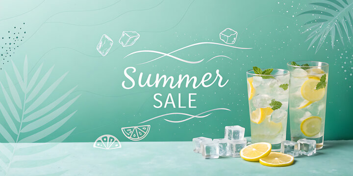A refreshing summer sale advertisement featuring cool lemonade, ice cubes, and a tropical theme, inviting customers to enjoy seasonal discounts and promotions
