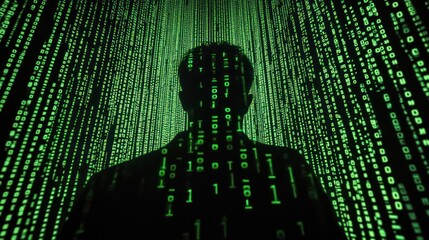 Silhouette person in digital code rain