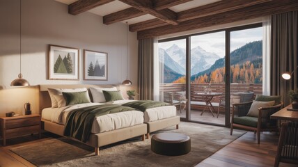 Obraz premium Cozy mountain lodge bedroom with stunning alpine views and a private balcony.