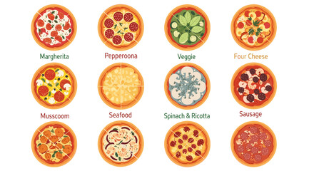 Collection of twelve different types of pizzas including margherita pepperoni veggie and four cheese pizza
