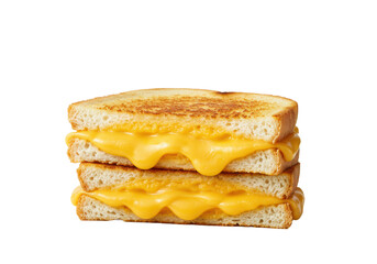 Stacked golden-brown grilled cheese sandwiches, rich melted cheddar cheese oozing, on a transparent surface, plain white background. Concept of irresistible appetite appeal