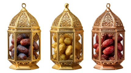 Three Arabic style lanterns filled with dates, cut out transparent