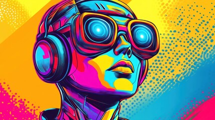 Vibrant portrait of a person wearing futuristic headphones and goggles