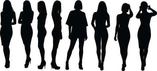 Silhouette of fashionable women standing in line, stylish female poses, black shadow figures, fashion model silhouettes, isolated on white background