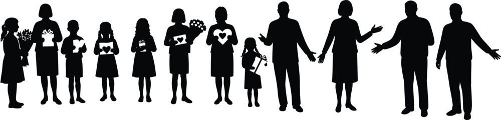 Silhouettes of children and adults with gifts and flowers, family celebration clipart, party vector, group scene with heart symbols
