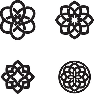 A refined and professional app icon logo, in black on a white background, representing an AI agent in the shape of an open Celtic knot-work flower with petals.eps