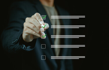 Task management concept showing businessman selecting items on digital checklist interface. Useful for productivity apps, project planning, digital workflow and to-do list presentations.