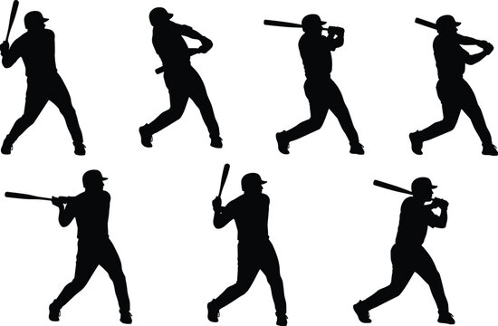 Baseball player silhouettes in batting sequence, from stance to follow‑through, sports motion study vector set for athlete posture and design use
