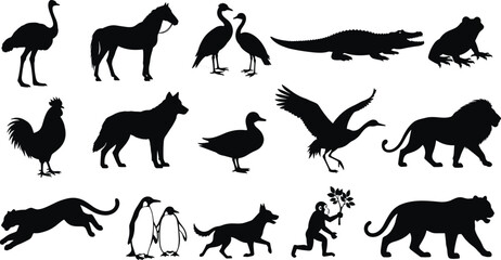 Silhouettes of wild and domestic animals including horse, lion, wolf, penguin, monkey, crocodile, birds, and more, vector black shapes