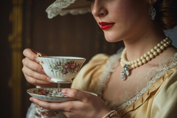 Elegant woman in vintage attire enjoys a delicate cup of tea, exuding sophistication and grace.