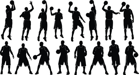 Basketball player silhouettes in dribbling, shooting, passing, and defensive poses with ball for sports training, coaching, and design projects