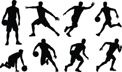 Basketball player silhouettes in dynamic poses, dribbling, shooting, passing, and jumping actions, professional sports illustration design for athletic themes © Sabbir's World