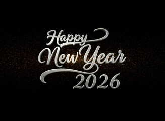 Happy New Year 2026 elegant silver script calligraphy with decorative swirls and subtle glitter on black background for premium greeting