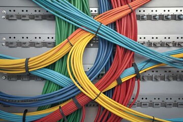 Colorful network cables organized in a complex web of technology and data transmission