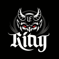 Fototapeta premium Demon king gothic typography with red eyes and horns silhouette isolated on white background