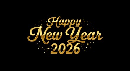 Happy New Year 2026 elegant gold script calligraphy with decorative sparkles on black background, sophisticated celebration greeting card design