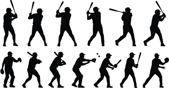 Baseball player silhouettes in various batting, pitching, and catching poses, sports vector illustration for training, competition, game action, and athletic design projects