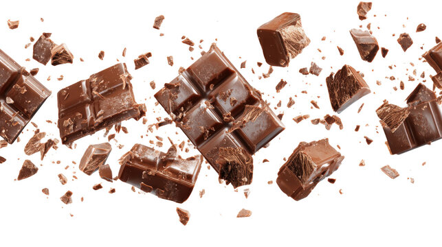 Levitating milk chocolate bar pieces isolated on white background. Pattern. Crumbs, shavings and Flying Chocolate chunks Top view. Flat lay isolated on a white background