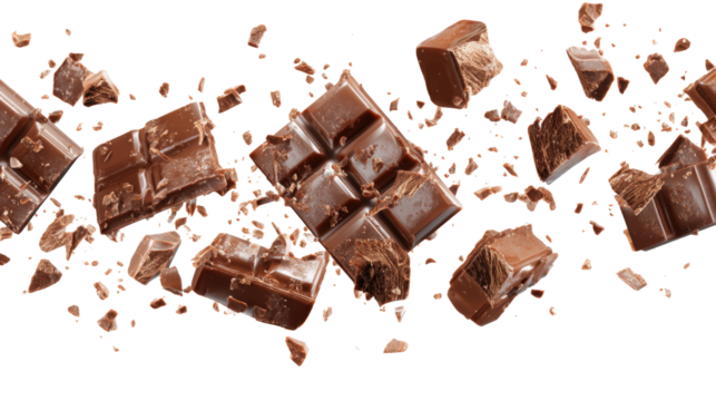 Levitating milk chocolate bar pieces isolated on white background. Pattern. Crumbs, shavings and Flying Chocolate chunks Top view. Flat lay isolated on a white background