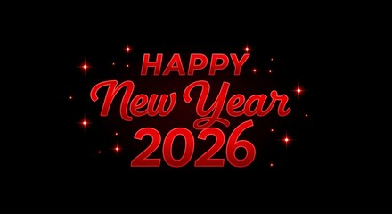 Bold red metallic HAPPY NEW YEAR 2026 uppercase typography with sparkling star effects on black background for impactful celebration