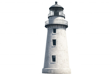 White lighthouse featuring metal railing and lantern room, standing against transparent backdrop, signaling maritime navigation