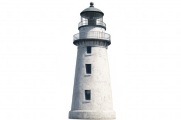 White lighthouse featuring metal railing and lantern room, standing against transparent backdrop, signaling maritime navigation