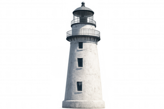 White lighthouse featuring metal railing and lantern room, standing against transparent backdrop, signaling maritime navigation