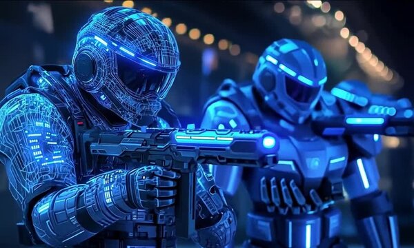 In a neon-lit, futuristic setting, two armored fighter